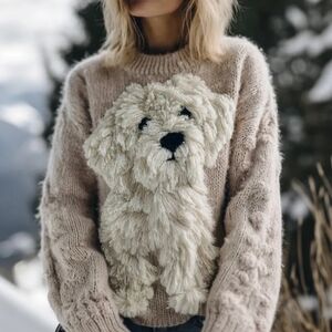 Cozy Beige Sweater with 3D Teddy Dog